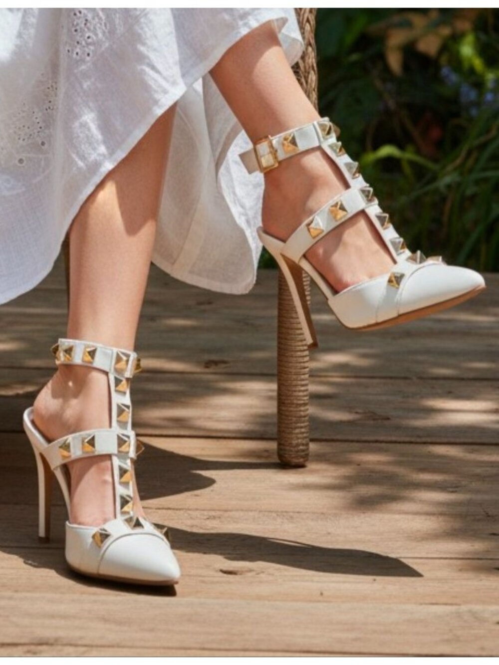 White Studded Pointed-Toe High Heels With Adjustable Buckle Strap & T-Strap Desi